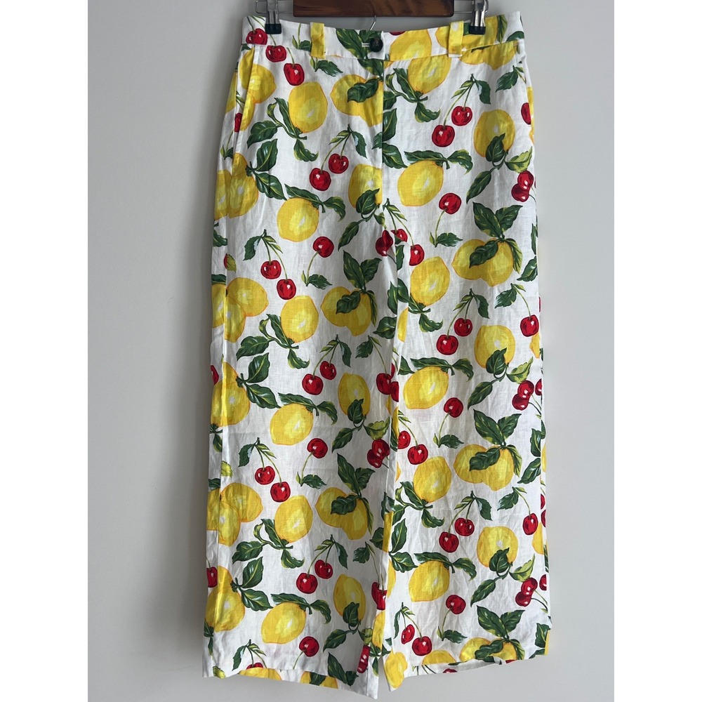 Boden 100% Linen Trousers 8P White Lemon Cherry Fruit Print Wide Leg Pant Party